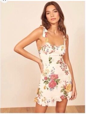 Reformation Christine Cream Floral Tie-Shoulder Mini Dress